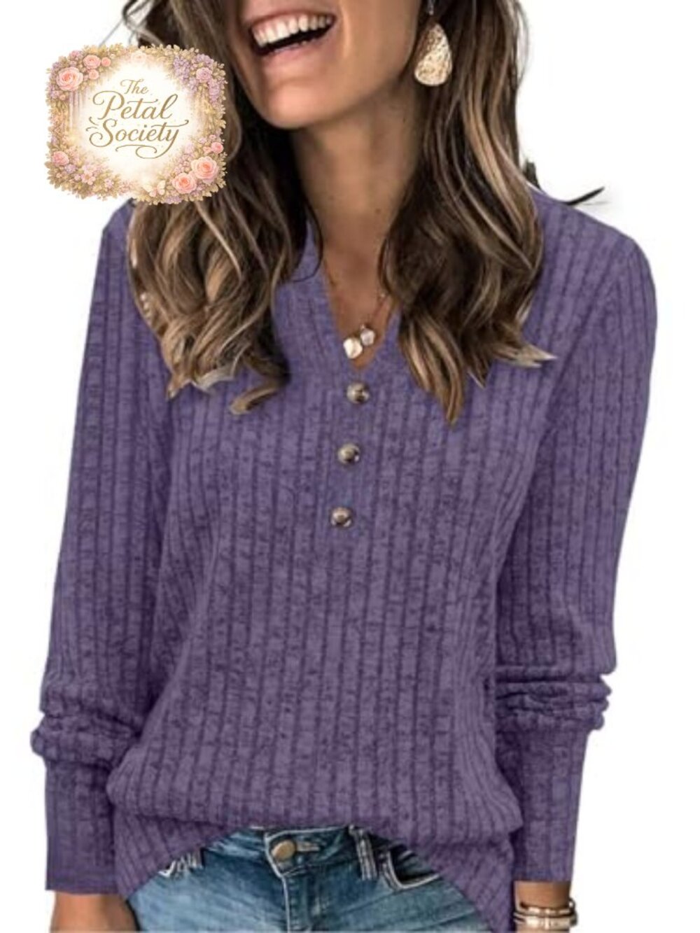 Womens Henley Neck Long Sleeve Sweater Pullover Fall Top